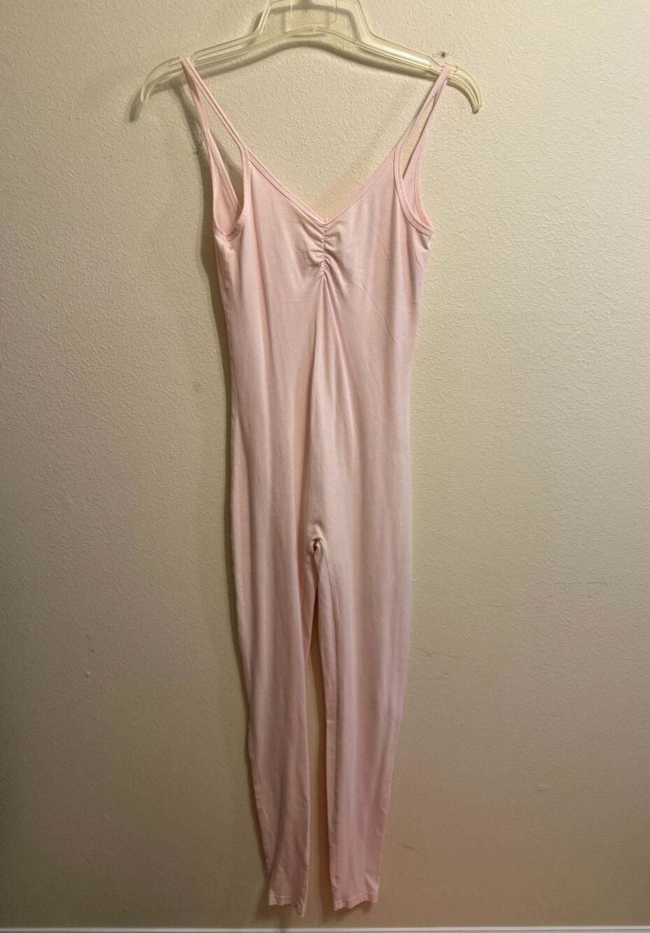 American Apparel Cotton Spandex Ruched Spaghetti Strap Unitard Bodysuit in Pink